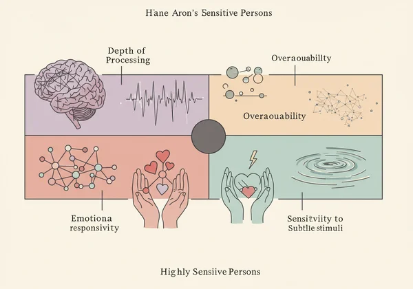 Elaine Aron 的 HSP 特质 DOES 模型抽象视觉图。