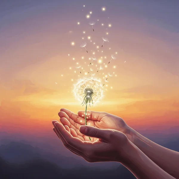 Art of hands holding a dandelion, HSP strength.