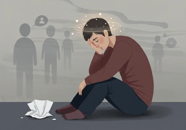Collage of symptoms: fatigue, brain fog, social withdrawal, irritability.