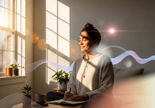 Person reflecting, surrounded by subtle sensory input.